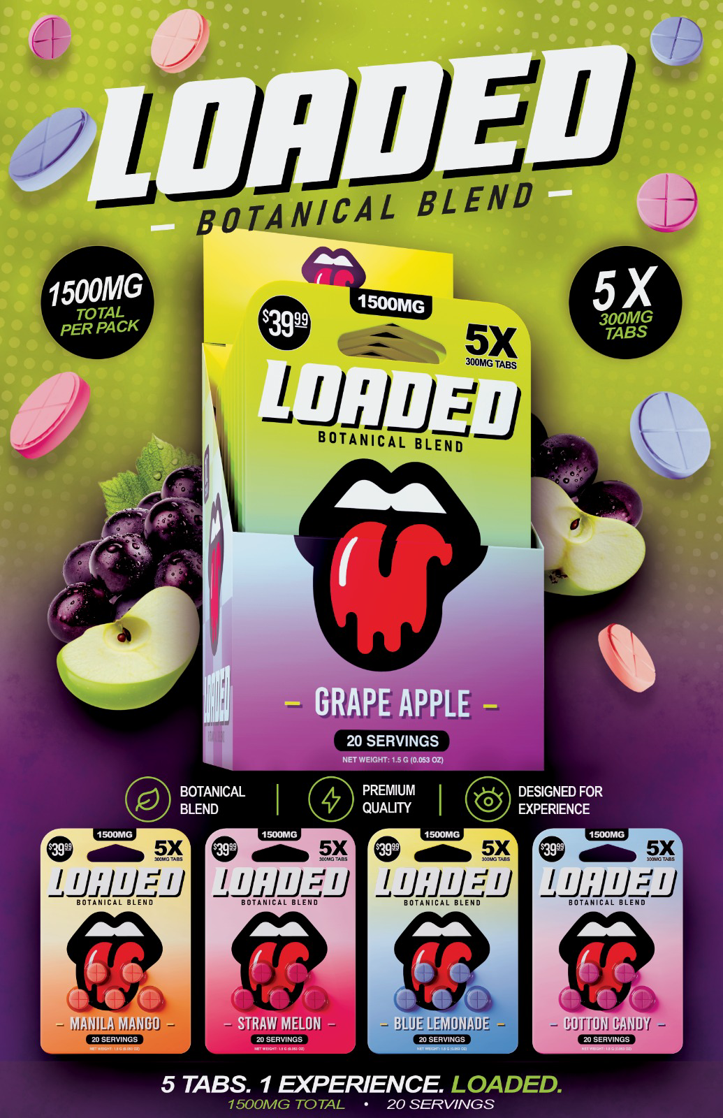 Loaded Botanical Blend 1500mg Grape Apple display and flavor lineup